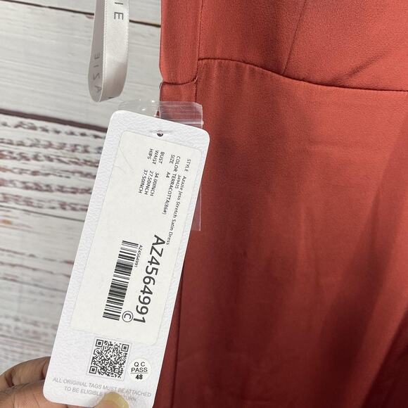 Azazie Dress Women's 4 Rust V Neck Satin Formal Bridesmaid Gown Open Back Slit - Picture 6 of 13